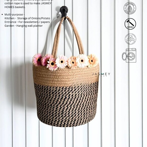 Set of 2 Rope Hanging Baskets | Woven Storage | Black & Beige | NWT - Picture 4 of 8